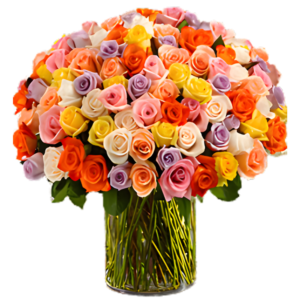 Colorful mixed roses arrangement in glass vase for same-day online flower delivery in Amman Jordan