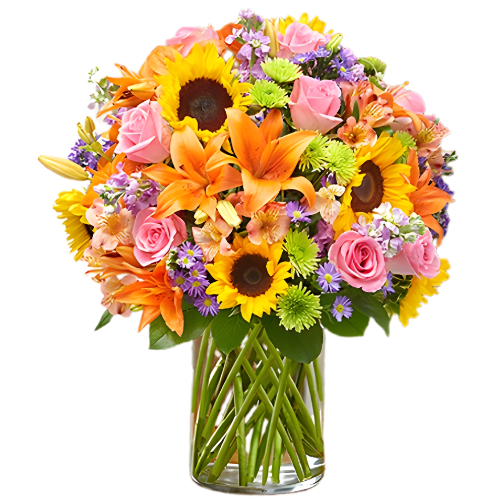 Colorful sunflower, orange lily, and pink rose vase arrangement for same-day flower delivery in Amman, Jordan — perfect for birthdays, congratulations, and cheerful celebrations.