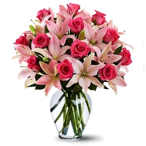 Pink roses and lilies arrangement in glass vase for same-day online flower delivery in Amman Jordan