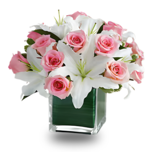 Pink roses and white lilies arrangement in glass vase for same-day online flower delivery in Amman Jordan